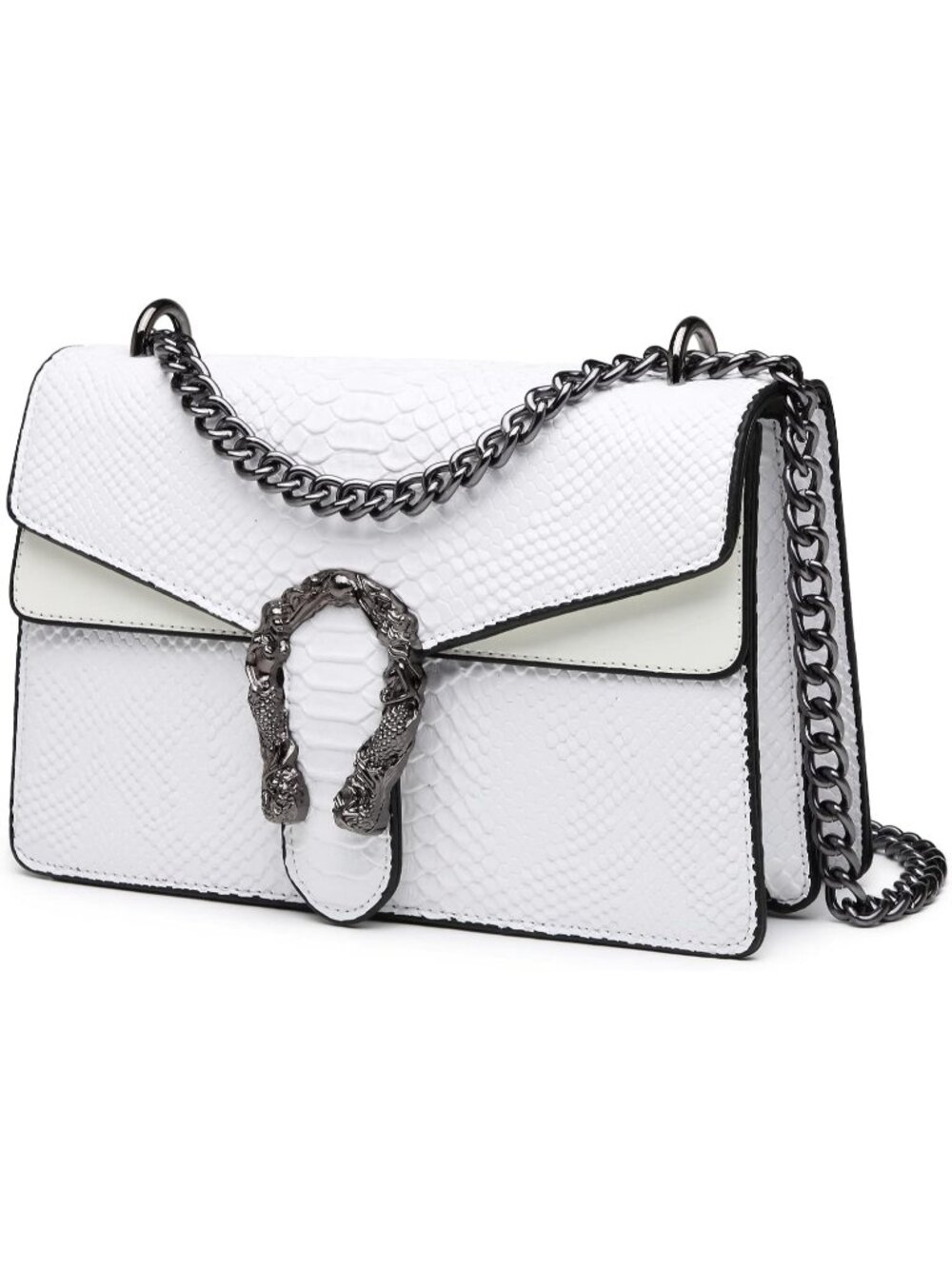 Women's White Leather Chain Clutch Hobo Animal Print Metallic Strap Evening Bag